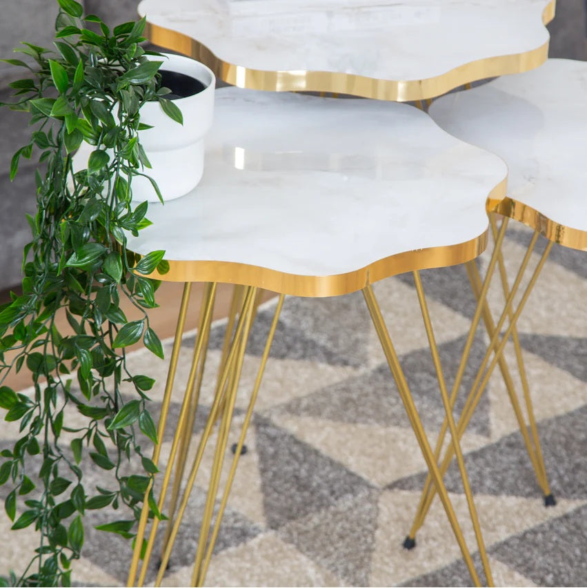 Daisy Set Of 3 Side Tables - White Marble & Gold