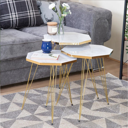 Tigris Set of 3 Octagon Side Tables - White & Gold Marble