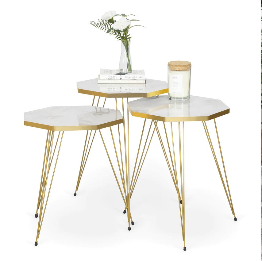 Tigris Set of 3 Octagon Side Tables - White & Gold Marble