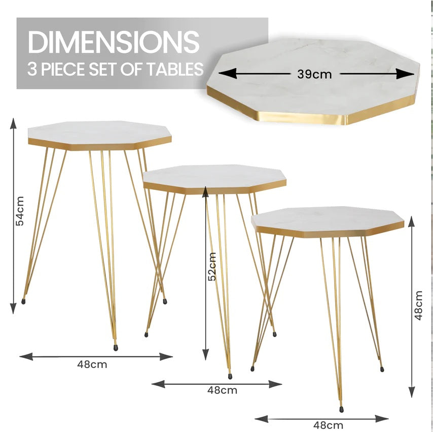 Tigris Set of 3 Octagon Side Tables - White & Gold Marble