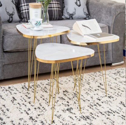 Tigris Set of 3 Triangle Side Tables - White & Gold Marble