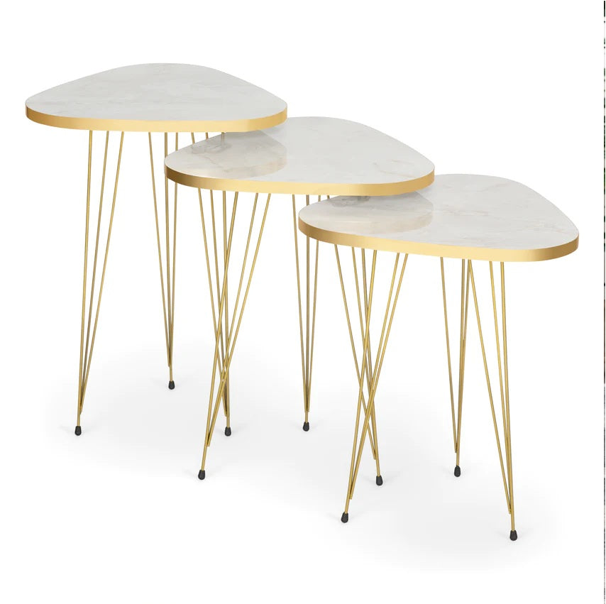 Tigris Set of 3 Triangle Side Tables - White & Gold Marble