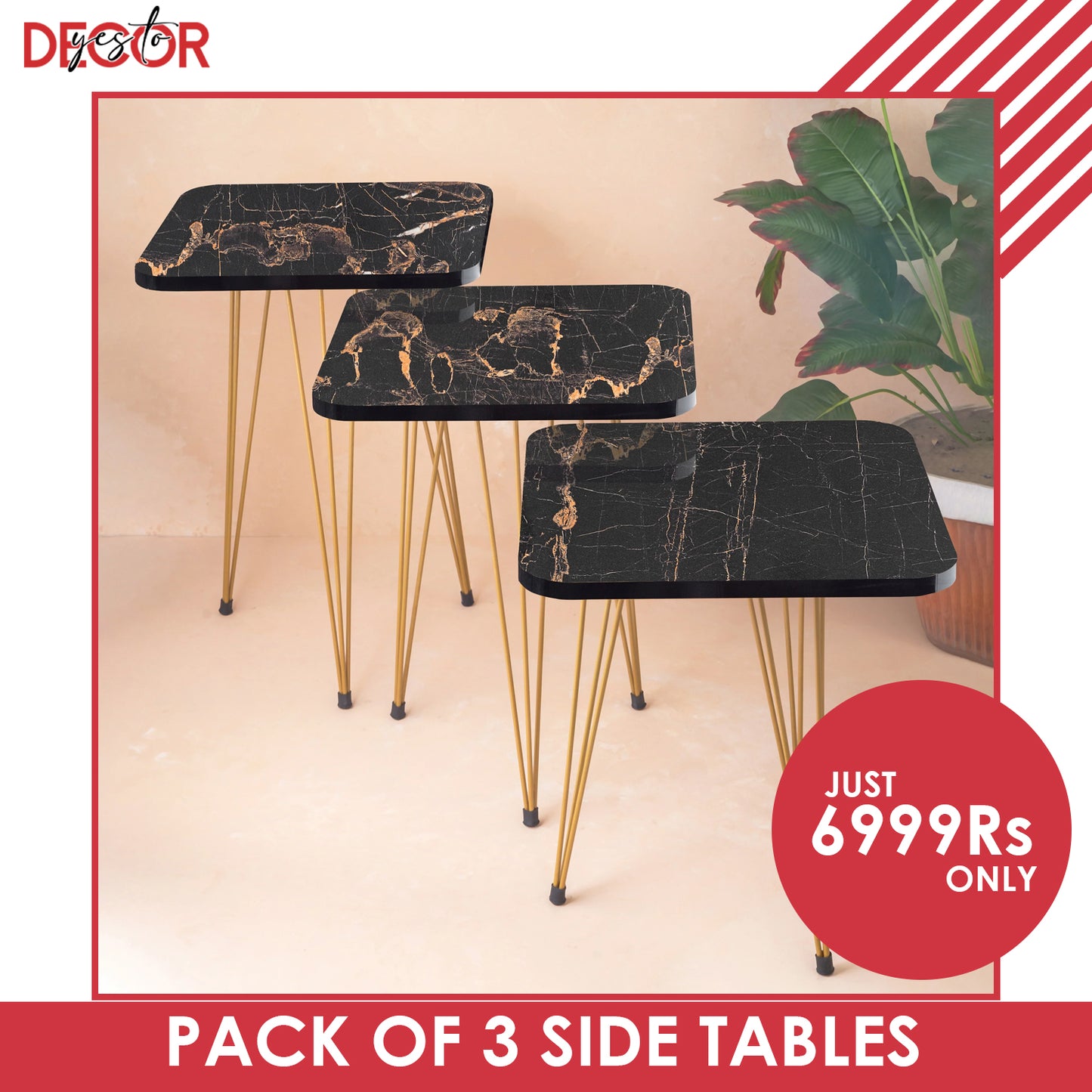 Metal Legs Table Set Coffee Table - Black Square | Side Tables