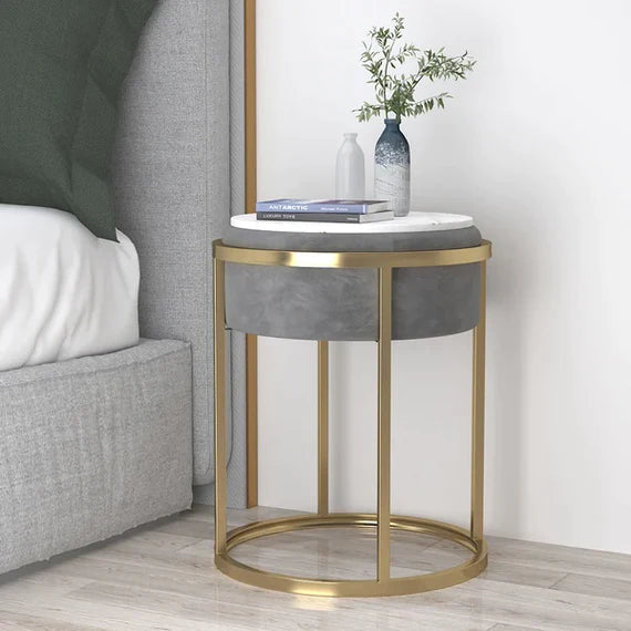 Modern Round Side Table Velvet Gold Finish - Grey