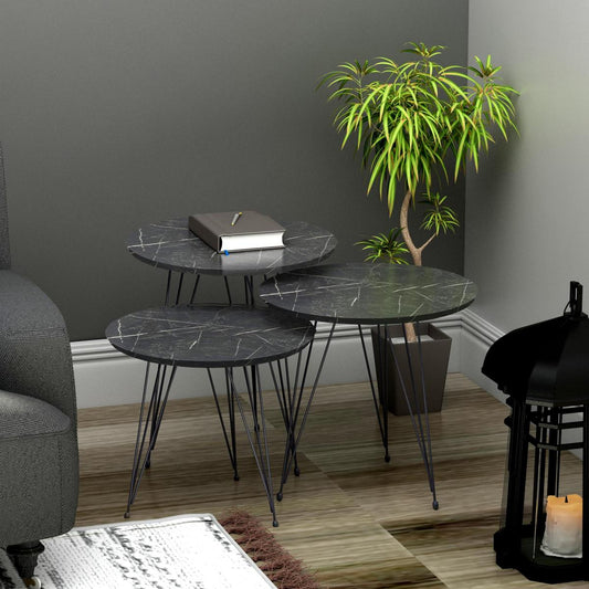 Set of 3 Round Side Tables - Black Marble