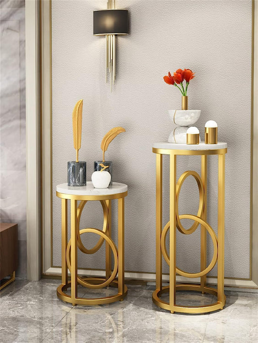 Pack of 2 Modern Standing Plant Stand in Gold & White -859