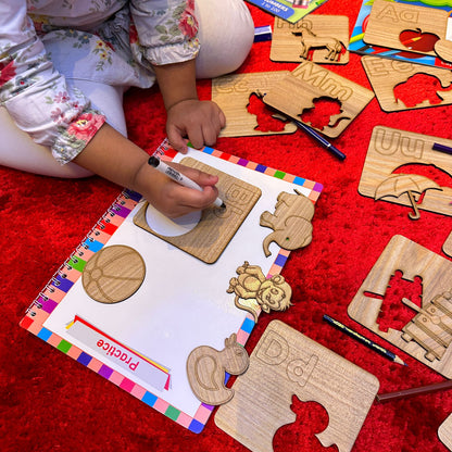 Kids Wooden Drawing Stencils English/Urdu/Mathematics Alphabets Learning Puzzle Toys