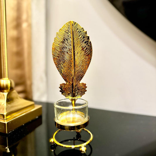 METAL GOLDEN LEAF DECOR CANDLE HOLDER with Free LED Candle