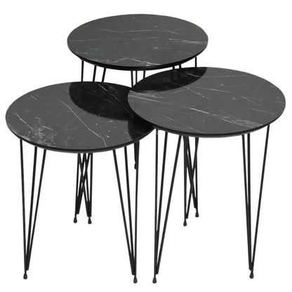 Set of 3 Round Side Tables - Black Marble